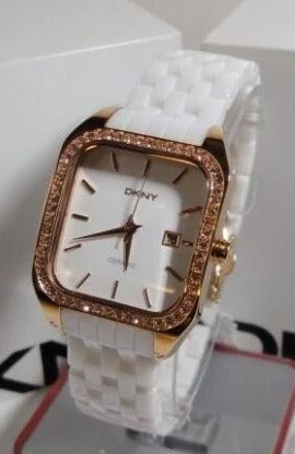 DKNY LADIE'S WHITE CERAMIC ROSE GOLD LUXURY STYLE WATCH NY8536
