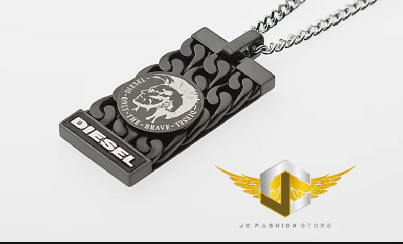 DIESEL SILVER STEEL+BLACK ION PLATED CHAIN WRAPPING DOG TAG DX0367