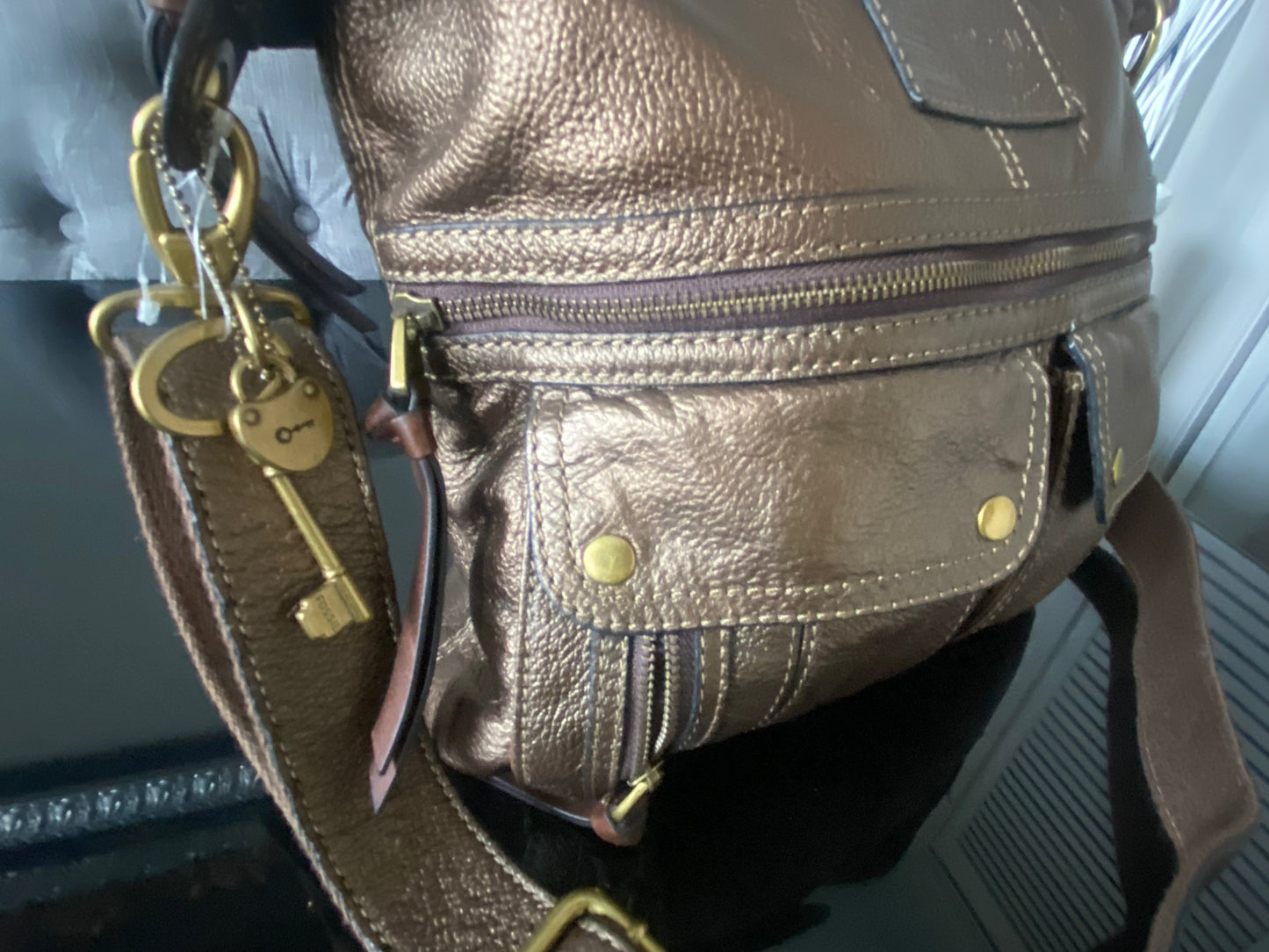 Fossil Morgan Metallic Bronze Leather Zipper Pockets Crossbody Travel Bag