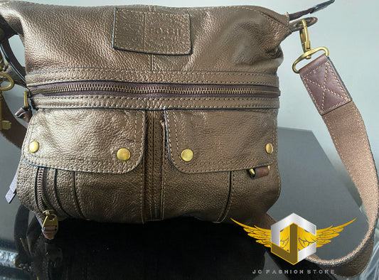 Fossil Morgan Metallic Bronze Leather Zipper Pockets Crossbody Travel Bag
