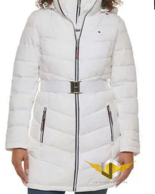 TOMMY HILFIGER LADIES HOODED QUILTED JACKET BELTED