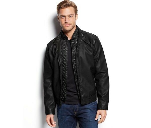 Kenneth Cole Men's Quilted-Bib Faux-Leather Moto Jacket Sz. M