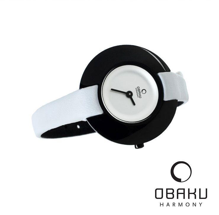 OBAKU WOMEN'S BLACK AND WHITE UFO LEATHER WATCH V135LBIRW