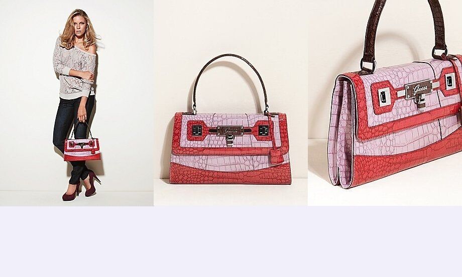 GUESS LINA SHINE CROCO PINK MULTI SATCHEL FLAP HANDBAG