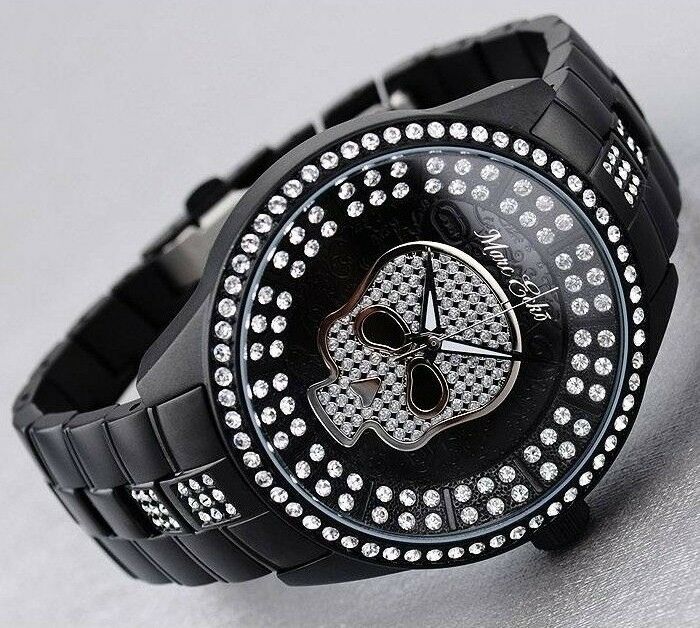 MARC ECKO MEN'S BLACK METAL WITH CRYSTALS SKULL WATCH E20049G1