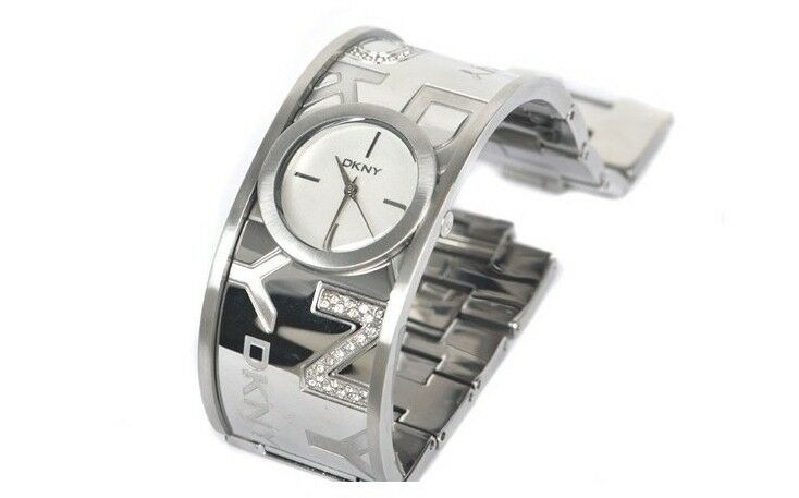 DKNY WOMEN'S SILVER CRYSTALS LOGO BANGLE WATCH NY8249
