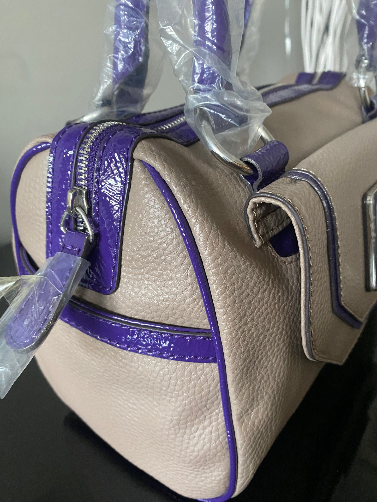 G by Guess Taralynn taupe and purple handbag purse