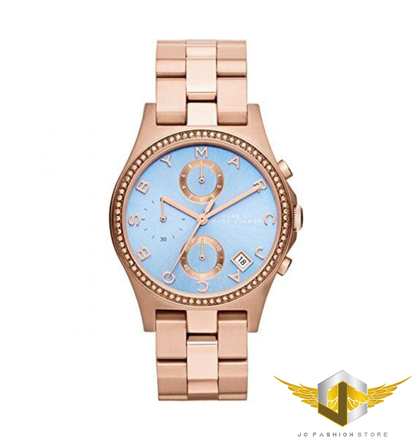 MARC BY JACOBS WOMEN'S SKY BLUE ROSE GOLD CRYSTALS WATCH MBM3299