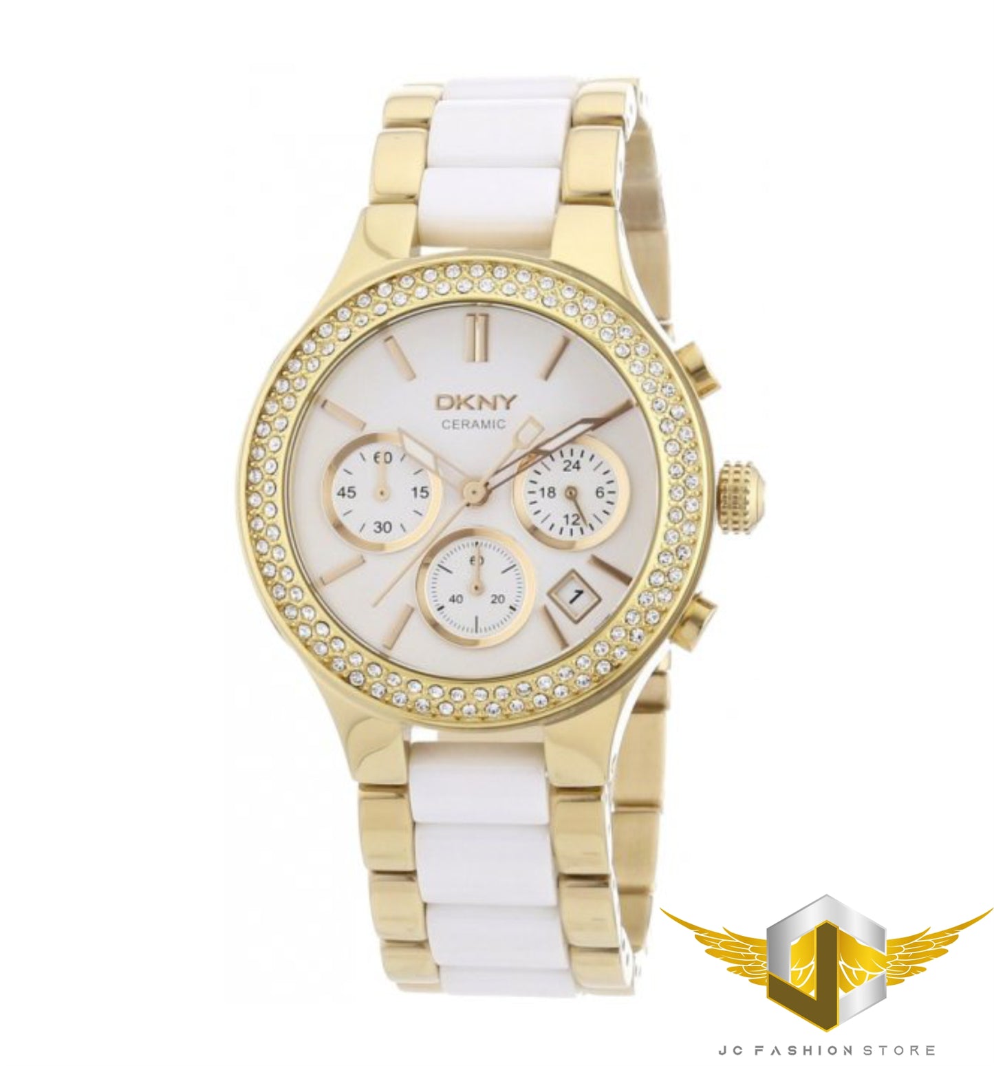 DKNY LADIES LUXURY 2 TONES CERAMIC AND GOLD IP WATCH NY8182