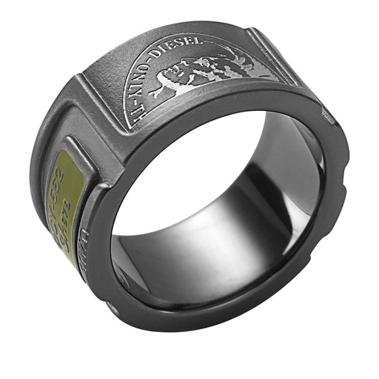 DIESEL STAINLESS STEEL BLACK AND GREEN ARMY RING DX0453  Sz. 10