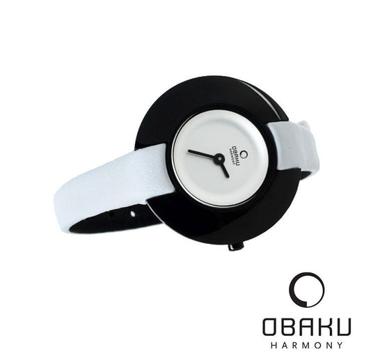 OBAKU WOMEN'S BLACK AND WHITE UFO  LEATHER WATCH V135LBIRW