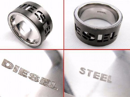 Diesel Men's Black Silver Logo Perforated Ring DX0020