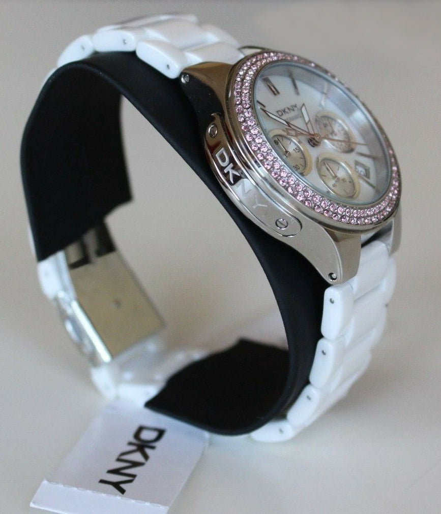 DKNY LADIES LUXURY CERAMIC PINK CRYSTALS COLLECTION WATCH NY8524