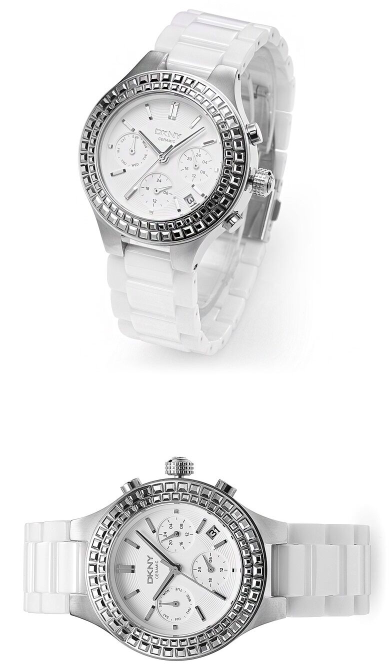 DKNY WOMEN'S CERAMIC SILVER CRISTALS COLLECTION WATCH NY2223