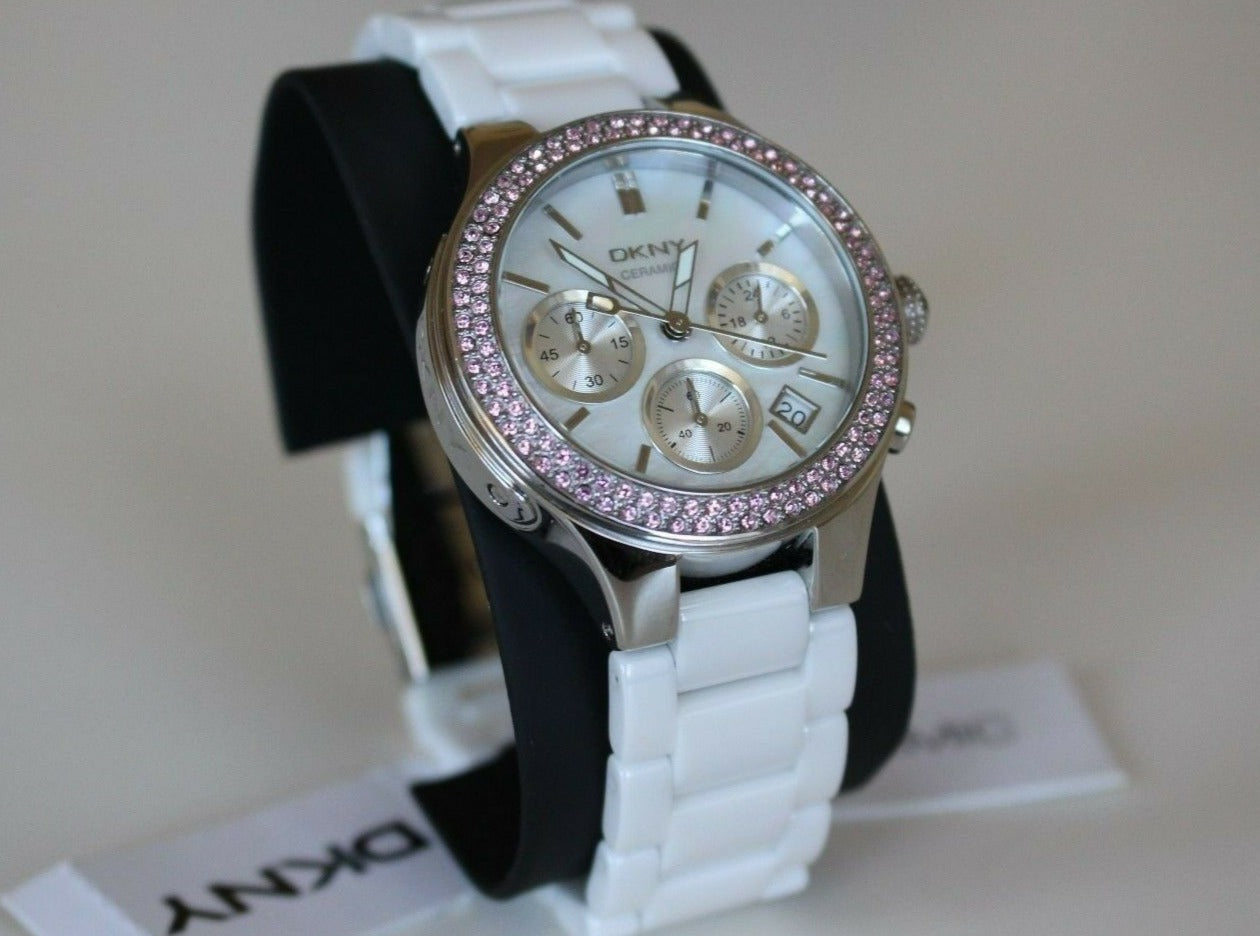 DKNY LADIES LUXURY CERAMIC PINK CRYSTALS COLLECTION WATCH NY8524