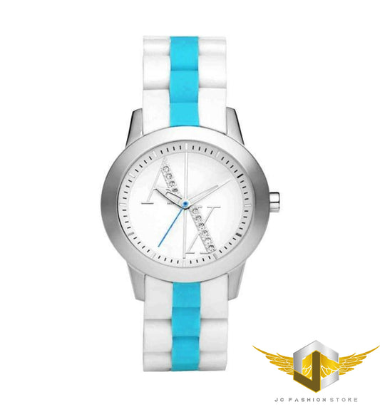 ARMANI EXCHANGE LADIES WHITE AND BLUE RUBBER BAND WATCH AX5072