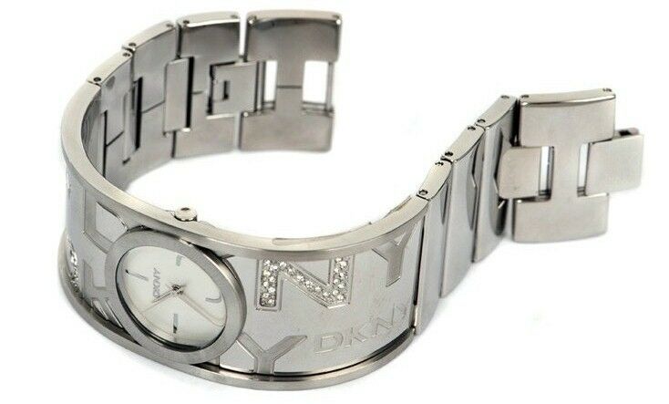 DKNY WOMEN'S SILVER CRYSTALS LOGO BANGLE WATCH NY8249