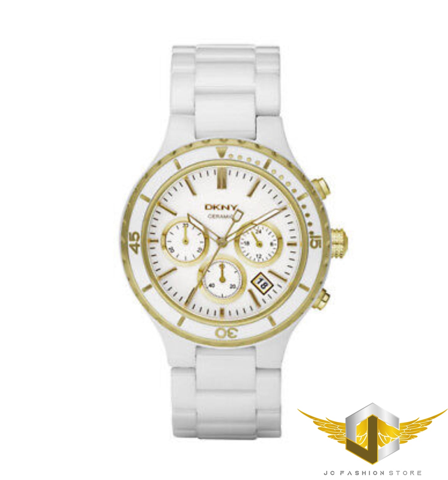 DKNY LADIES CERAMIC WHITE AND GOLD FACE WATCH NY8194